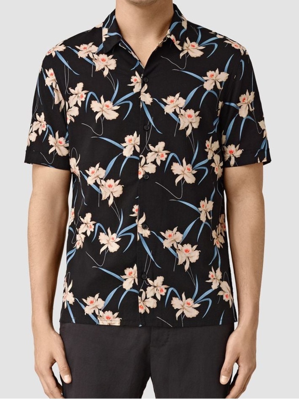 AllSaints Aaru Mens Short Sleeve Hawaiian Shirt Floral Black With Flowers Mediu